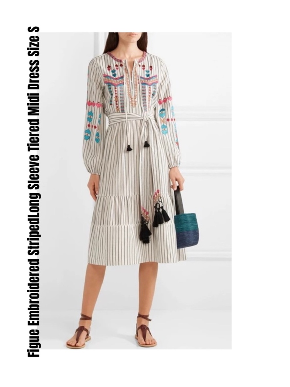 Figue Embroidered StripedLong Sleeve Tiered Midi Dress Size S